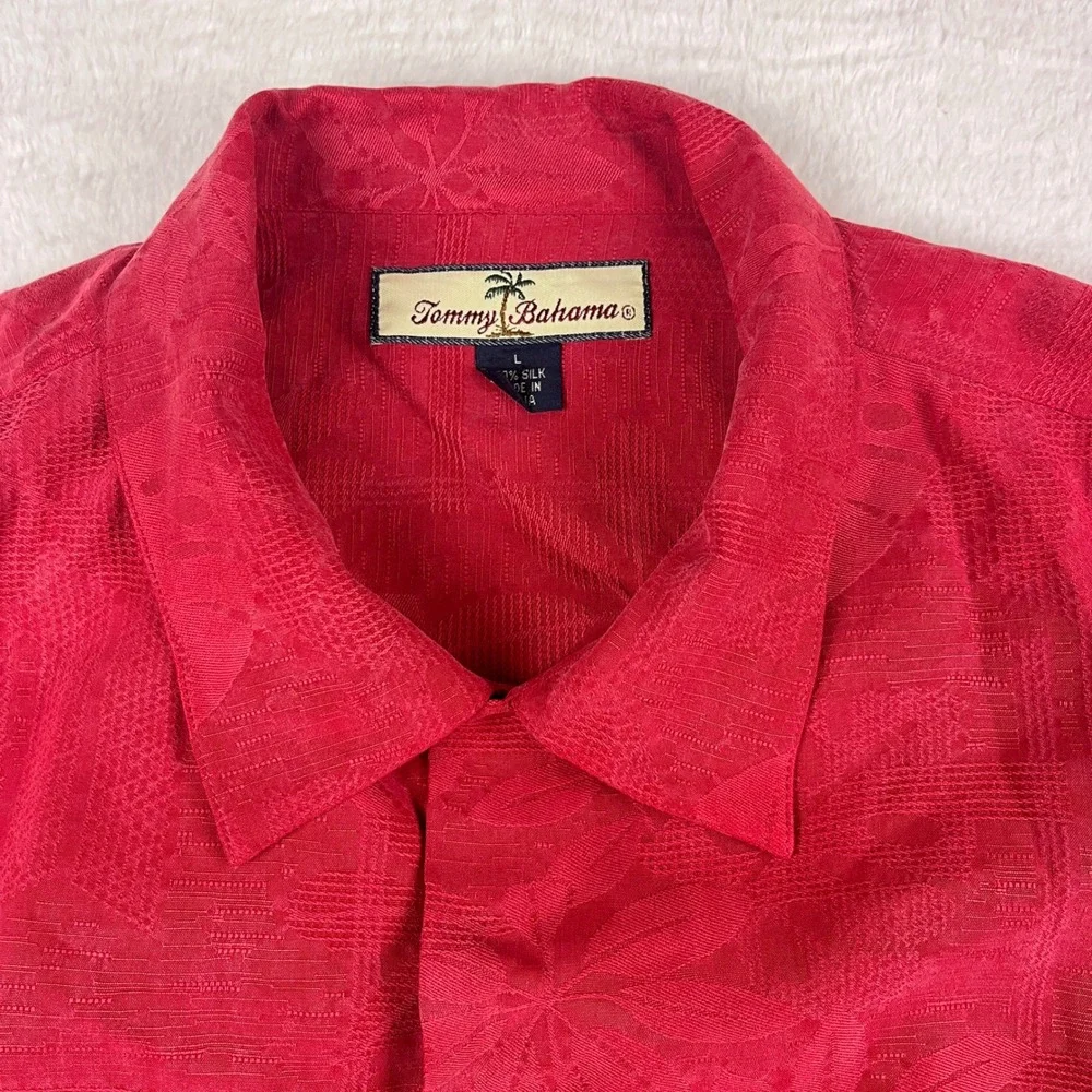 Tommy Bahama Camp Shirt Mens L Red 100% Silk‎ Tropical Jacquard Floral Button Up